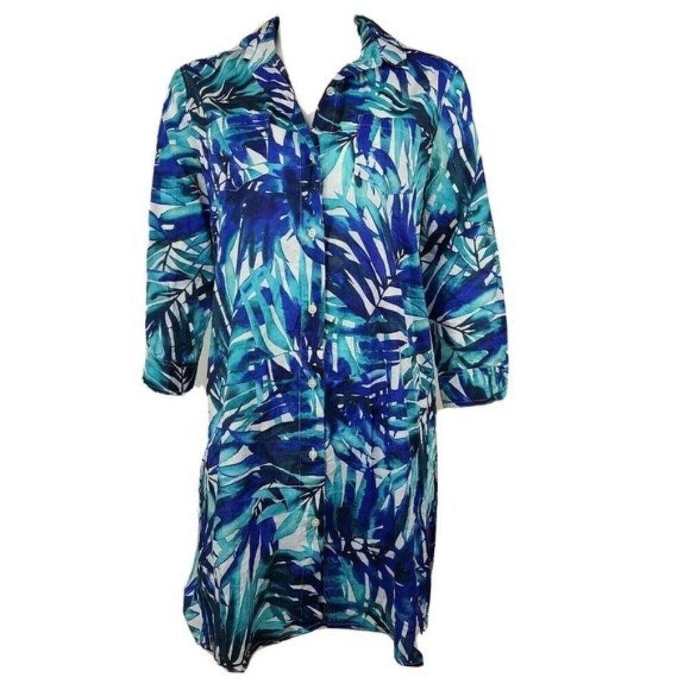 Lands‎ End Dress Womens Size XS Blue Shirt Dress Tropical Beachy Button Front